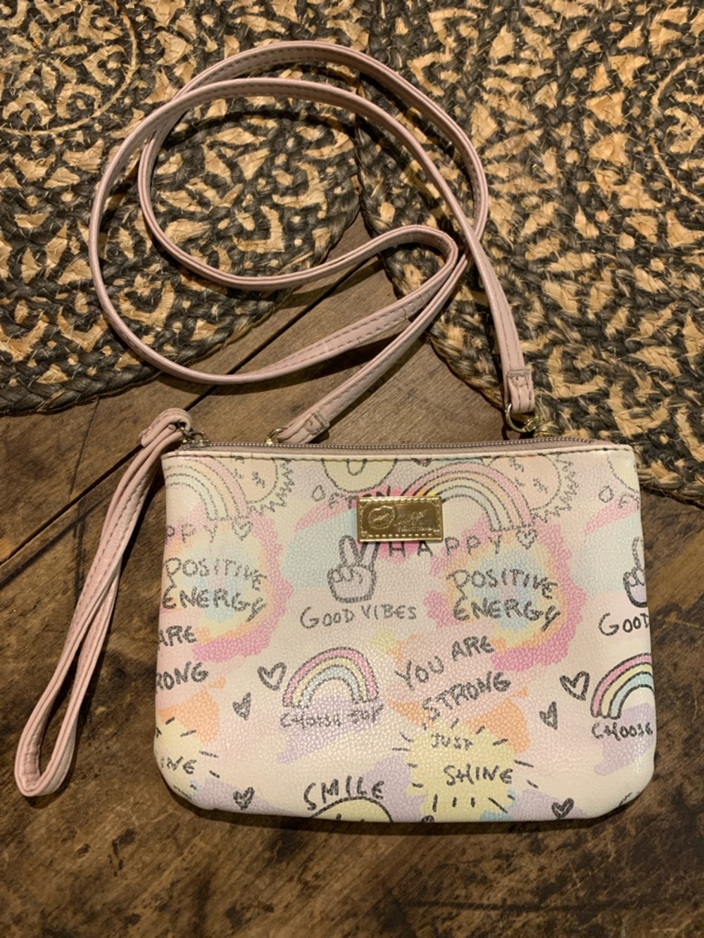 Betsey Johnson Pastel Print Crossbody Wristlet - Pink w Positive Messages